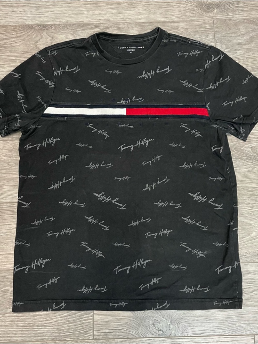 Tommy Hilfiger Black Tee with Red and White Chest Stripe